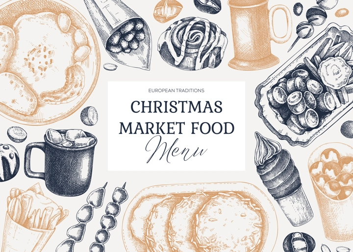 Street food and drink background. Traditional European Christmas market dishes -  pastries, sweets, grilled meat, raclette, hot drinks sketches. Hand-drawn vector illustration. Fast food menu design